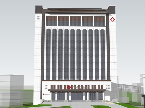 新中式医院建筑外立面su模型