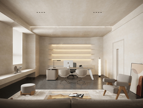 侘寂风办公室  老板办公室 班台 班椅 办公桌su模型