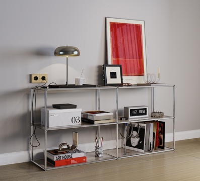 现代铁艺书架 简易架子 摆件组合 书籍挂画台灯 饰品摆件su模型