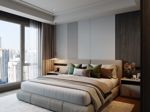 现代卧室 双人床 吊灯 地毯 床头柜su模型