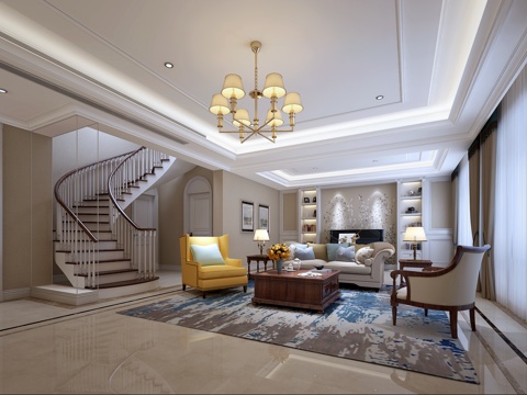  美式客厅 沙发 吊灯 楼梯 地毯3d模型 