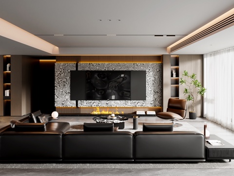  现代意式客餐厅 沙发茶几 餐桌椅 电视背景墙 餐边柜3d模型 