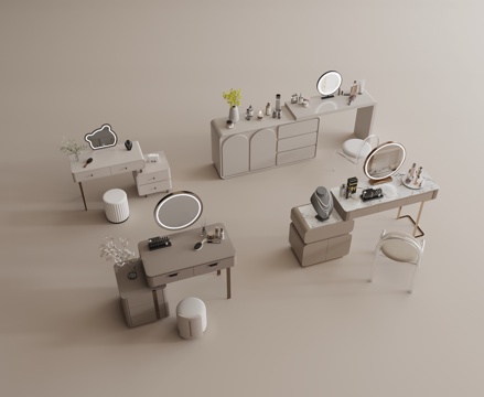 梳妆台 梳妆椅 矮凳 镜子 化妆品 饰品su模型