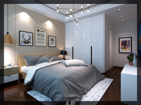  现代卧室北欧卧室 北欧床北欧灯具3d模型 