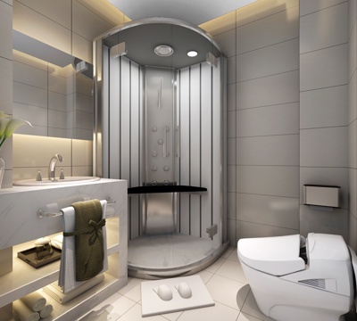  现代厨房 橱柜地砖吊顶 卫生间自动马桶 抽纸 转角淋雨3d模型 