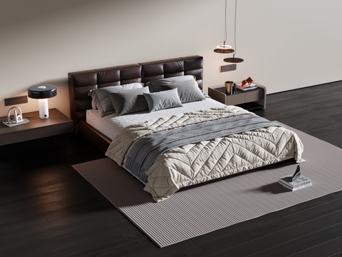 现代意式双人床 皮质双人床 床头柜 地毯su模型