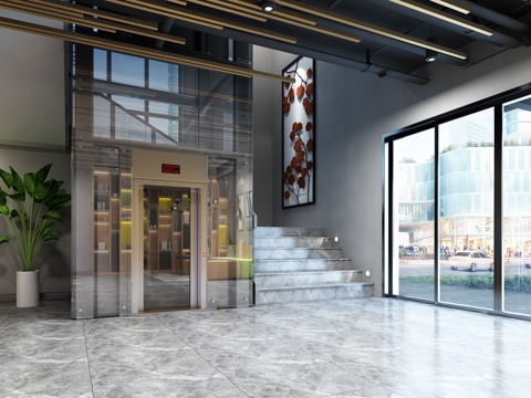  工业风现代会所前台大厅3d模型 