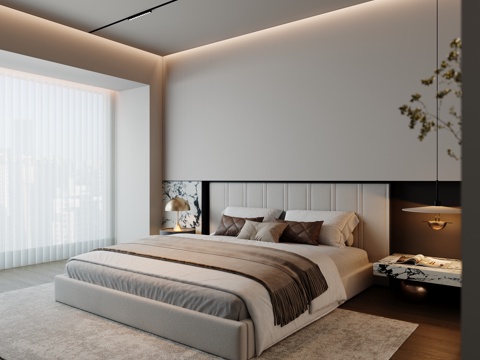  现代卧室 双人床 吊灯 地毯 床头柜3d模型 