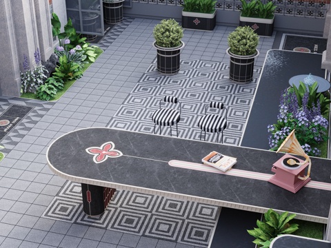 现代南法 复古别墅洋房 示范区 庭院花园 围墙景墙 水吧台su模型