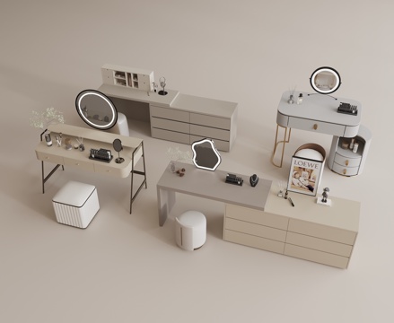 梳妆台 梳妆椅 矮凳 镜子 化妆品 饰品su模型