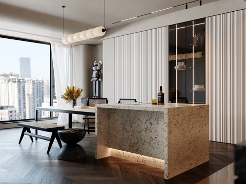 中古风餐厅 岛台餐厅 餐椅 吊灯su模型