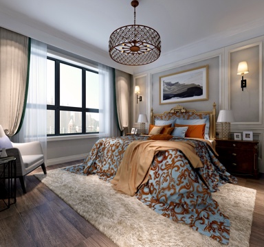 简欧卧室 吊灯挂画3d模型