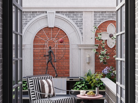 现代南法 复古别墅洋房 示范区 庭院花园 围墙景墙 休闲椅su模型