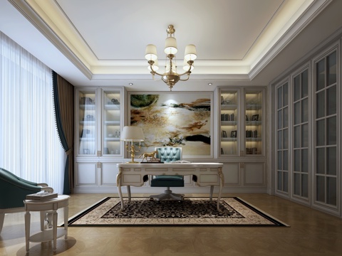  欧式古典书房 书桌 书柜 地毯 休闲椅 移门 吊灯3d模型 