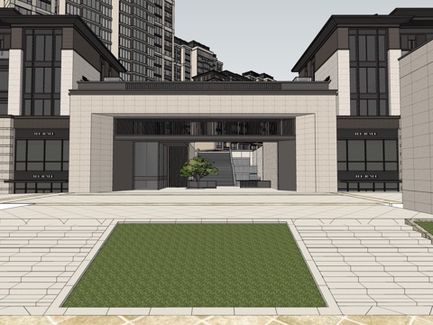 住宅小区入口门楼 新中式入口门楼su模型