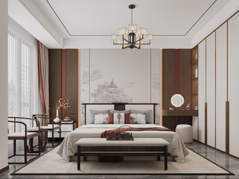  新中式主卧 新中式卧室 新中式床头背景 新中式洗手盆卫生间3d模型 