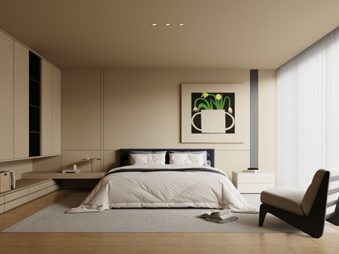  现代极简卧室 双人床 衣柜3d模型 