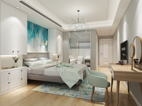  现代卧室 床 吊灯 书柜3d模型 