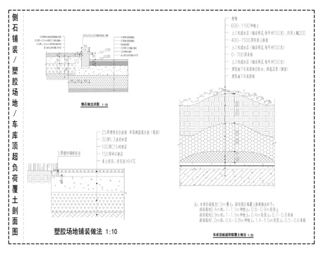 侧石铺装 塑胶场地铺装 车库顶板超荷载覆土做法剖面图cad施工图