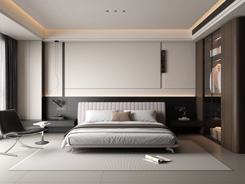  现代简约卧室 飘窗卧室 黑白极简卧室 主卧3d模型 
