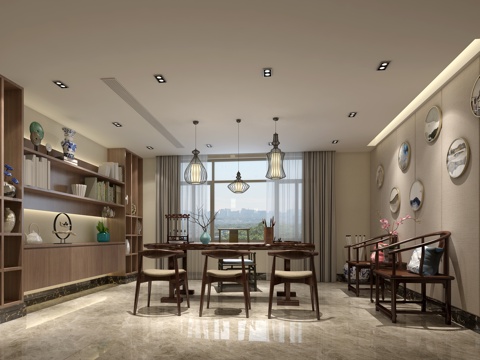  新中式现代中式别墅 书法室 书房 收藏室3d模型 