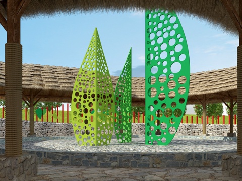  连廊 茅草 停车区 特产售卖 景区 休息区 雕塑 广场 乡村3d模型 