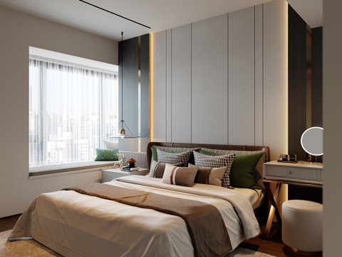 现代卧室 双人床 吊灯 地毯 床头柜 梳妆台su模型