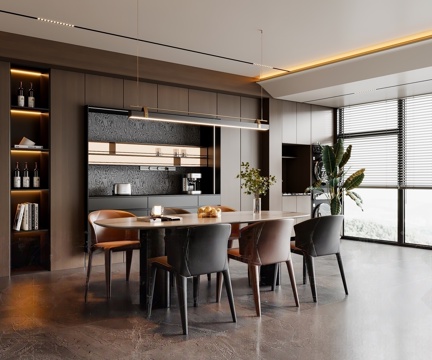  现代意式家居餐厅 黑白灰餐厅 餐桌椅 吊灯 餐边柜 酒柜3d模型 