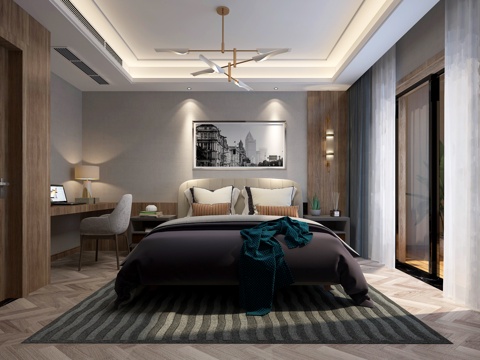  现代卧室 吊灯 书桌 挂画 床具 壁灯3d模型 