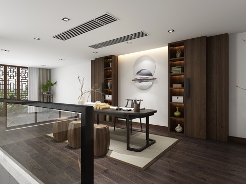  新中式书房 书柜书桌3d模型 