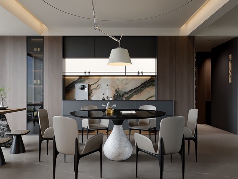 现代餐厅酒柜茶桌 意式西厨餐厅餐柜 极简餐厅圆餐桌椅 极简餐su模型