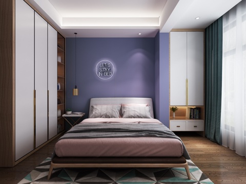  北欧现代北欧混搭卧室 温馨 色彩搭配 吊灯 衣柜 床具3d模型 