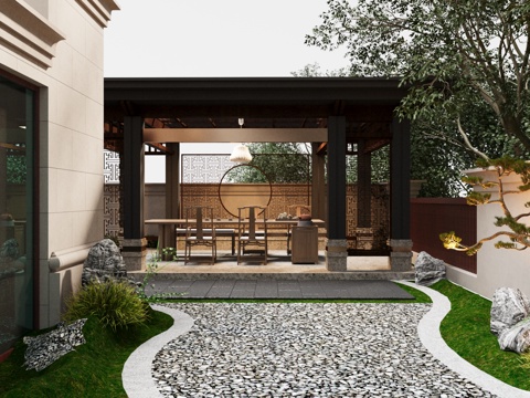  现代新中式 庭院花园 禅意空间 中式户外茶亭 休闲亭 茶桌椅3d模型 