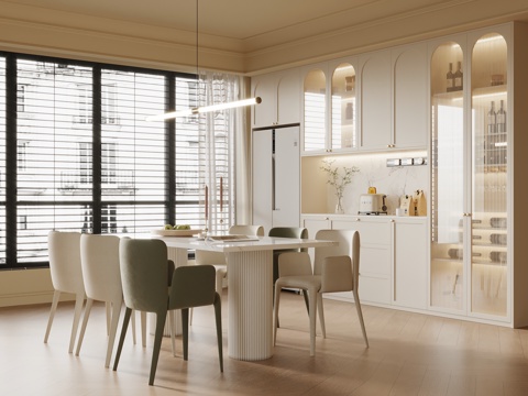 法式奶油风餐厅 酒柜 餐边柜 餐桌椅su模型