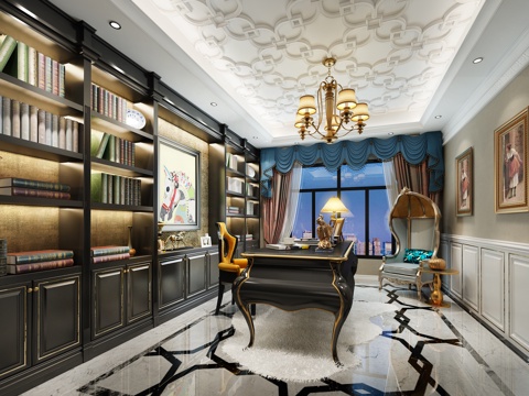  法式现代书房 法式书房  欧式书房法式书柜 法式书桌3d模型 