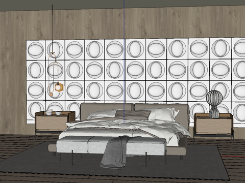 现代双人床_床头柜_植物_雕塑摆件su模型