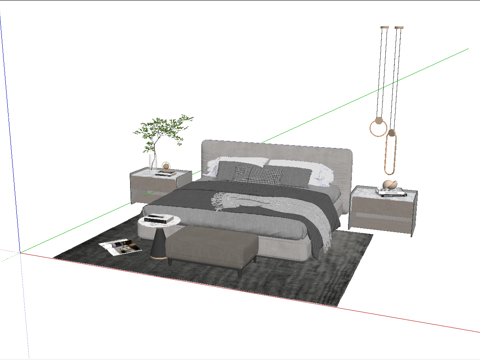 现代双人床_床头柜_植物_雕塑摆件su模型