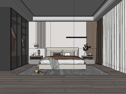 现代风格双人床卧室_吊灯_沙发_边几su模型