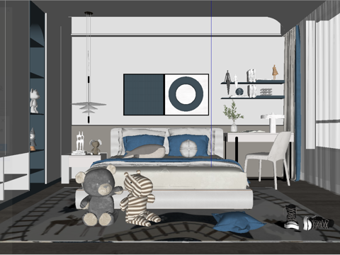 现代儿童房_男孩房_小孩房_儿童床_床头柜_书桌椅组合_床头su模型