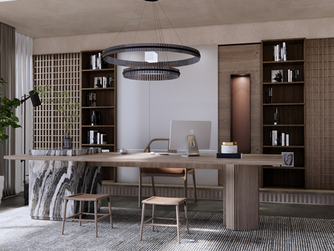 侘寂风经理办公室 办公桌椅 实木家具 书柜 室内盆栽 吊灯su模型