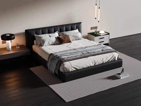 现代意式双人床 皮质双人床 床头柜 地毯su模型