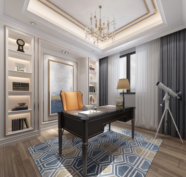  简欧欧式书房 书桌椅 壁柜 吊灯 台灯挂画 地毯3d模型3d模型 