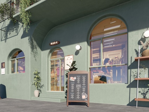 现代法式咖啡店餐饮店民宿门头su模型