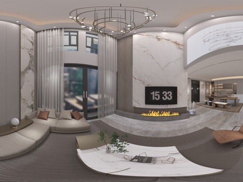  现代客餐厅 楼中楼 茶室 书房 电视沙发背景墙 无主灯 吊灯 