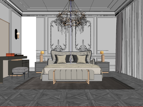 法式风格卧室_双人床_饰品摆件su模型