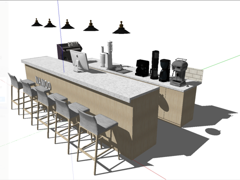现代风格吧台_吧椅_吊灯_长桌椅su模型