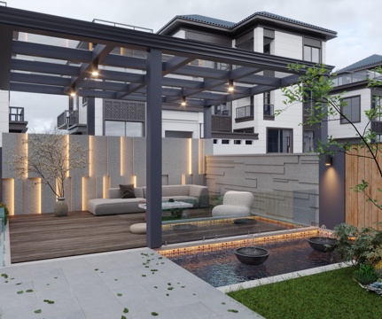  现代新中式 庭院花园 阳光房 休闲亭 休闲沙发 水系水景 景3d模型 