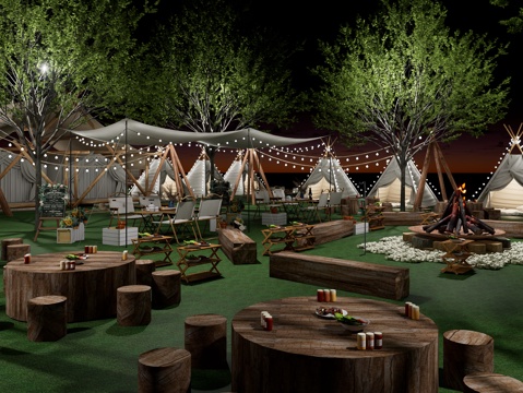 现代露营公园景观 户外露营帐篷 天幕帐篷 露营基地规划 草坪su模型