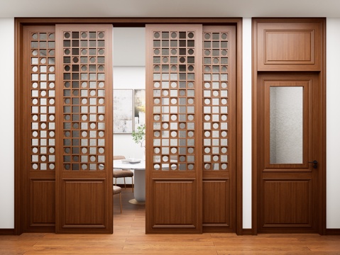 新中式实木玻璃推拉门 卫生间平开门 卫生间单开门 实木玻璃门su模型