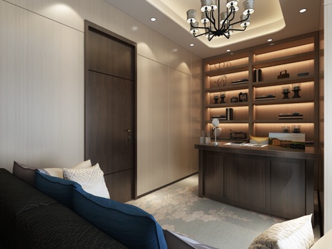  新中式书房 书柜 书桌 沙发 地毯 吊灯 木饰面墙3d模型 